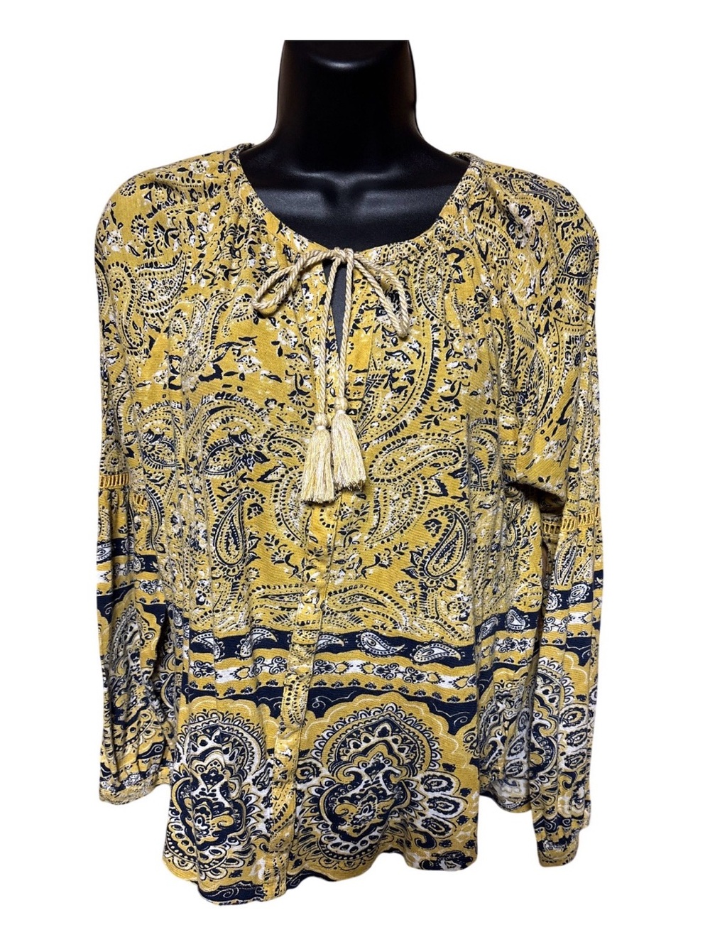 Lucky Brand Yellow Paisley Tassel Peasant Top